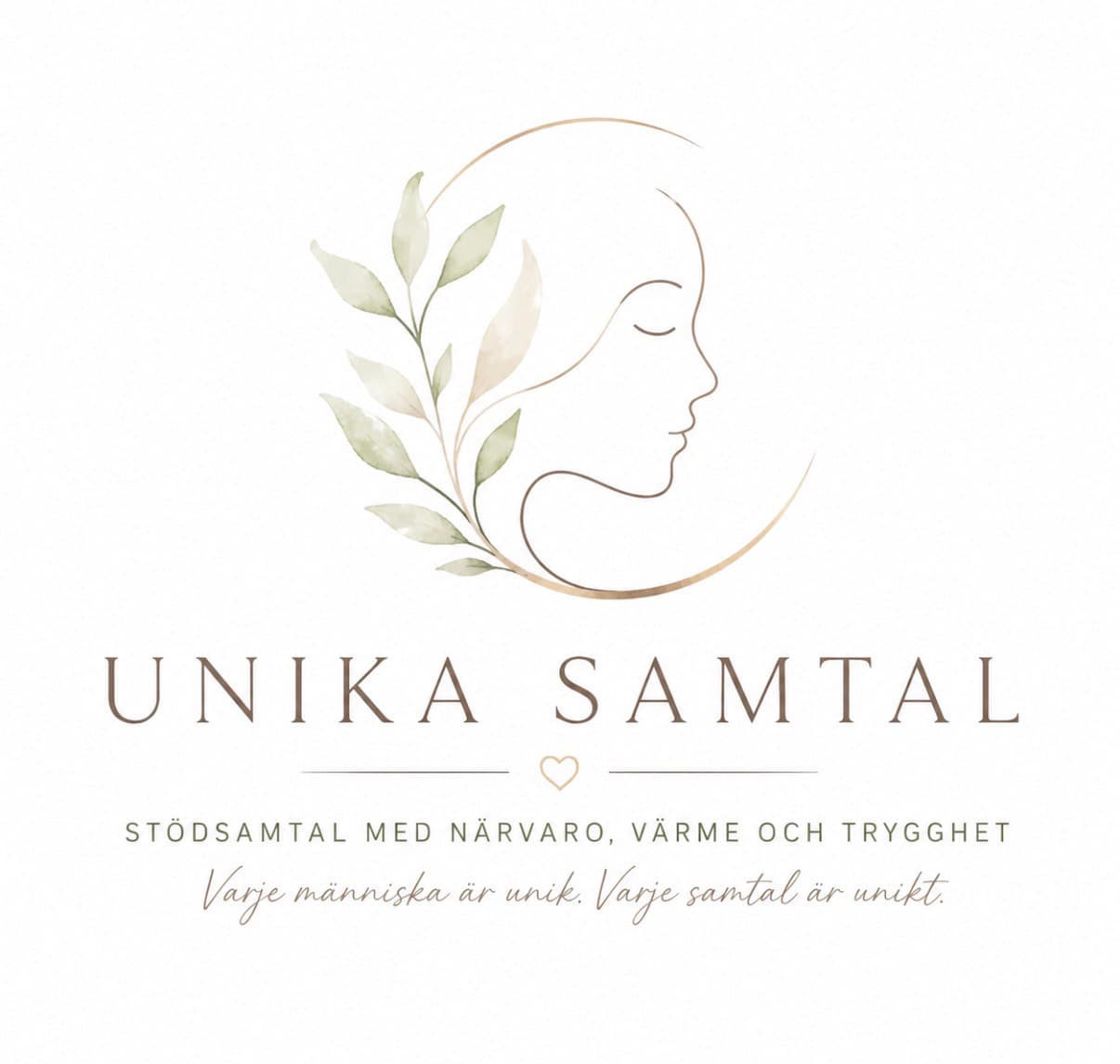 Den ursprungliga inspirationsbilden från ChatGPT: en kvinnoprofil i tunn linjekonst innesluten av en gyllene ring, med akvarellblad i salviagrönt till vänster. Under står UNIKA SAMTAL i serif-versaler, följt av raderna Stödsamtal med närvaro, värme och trygghet samt Varje människa är unik. Varje samtal är unikt.