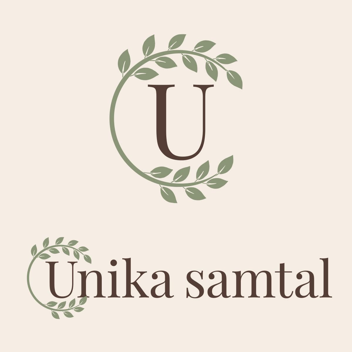 Logotypförslag ett i två uppställningar. Överst initialen U i brun serif innesluten av en tunn grön ring med bladrankor längs över- och underkant. Under den vågräta ordbilden Unika samtal med samma bladring runt begynnelsebokstaven.